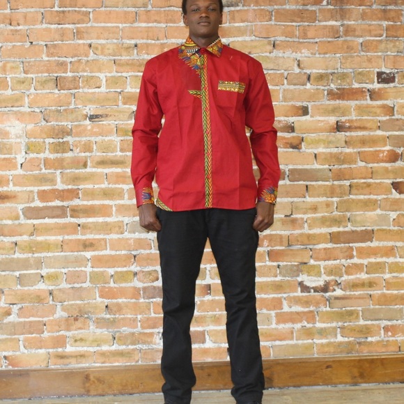Red Long Sleeve Button Front Dashiki Shirt - Picture 4 of 5